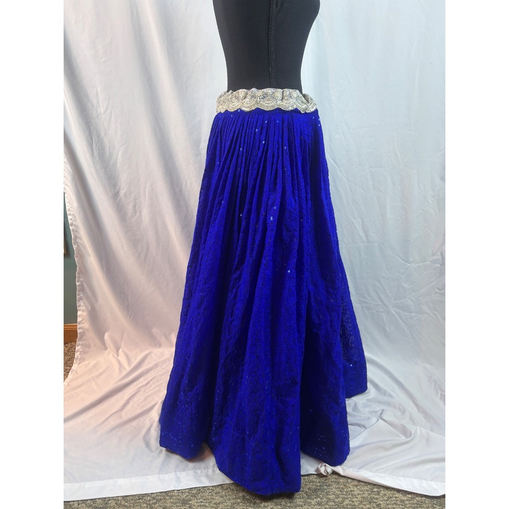 Royal Blue Chikankari Sequin Lehenga Skirt Silver Scalloped Waist Latkan Tassels - Picture 10 of 10